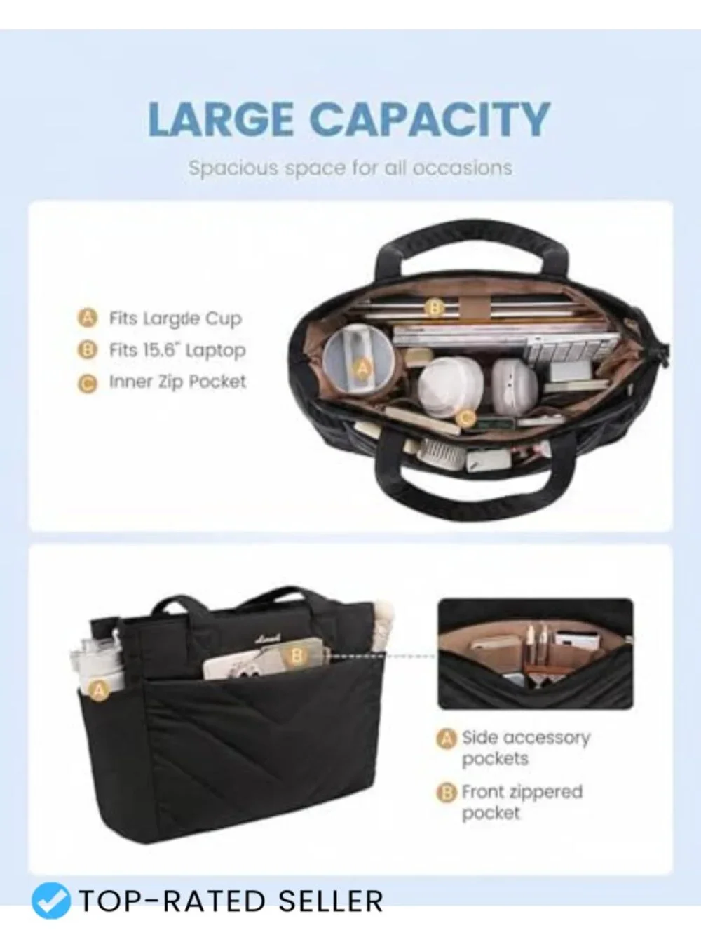 Quilted Puffer Tote Bag with Laptop Compartment, Lightweight Waterproof